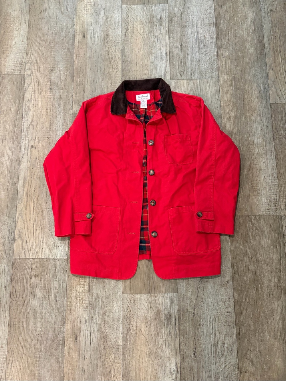Vintage Red Barn Jacket with Brown Collar and Plaid Lining Western Outdoors